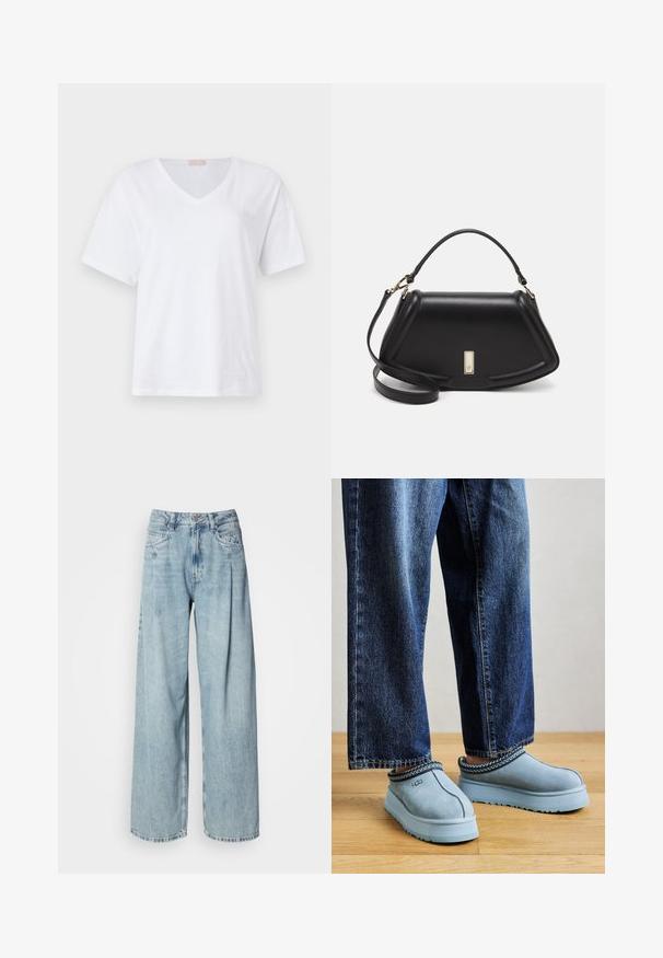 Fehér, rövid ujjú V nyakú póló, puha pamutból készült, finom logó részlettel a mellkason. Simító, sima textúra.; Világoskék, magas derekú, bő szárú farmernadrág, elülső zsebekkel, gombos záródással és övakasztókkal, sima fehér háttér előtt.; Kék velúr slip-on UGG cipők vastag talppal, kék farmerrel viselve, fából készült padlón, sima háttér előtt.; Fekete bőr kézitáska, strukturált dizájnnal, rövidített formával, felső fogantyúval és arany színű kiegészítőkkel. Állítható vállpánt is tartozik hozzá.
