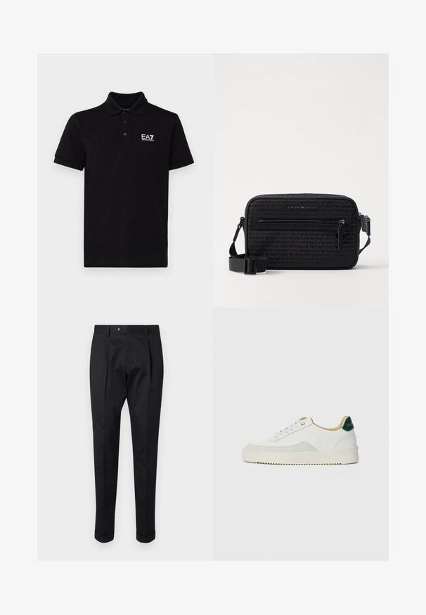 Svart polo skjorte laget av bomull med klassisk krage, tre-knappers placket, og en hvit EA7-logo på venstre bryst. Korte ermer.; Sorte bukser laget av et glatt stoff, med en fold foran, knappelukking, og oppbrettede mansjetter ved ankelen.; Hvit sneakers med semsket detaljer, rund tå, flate snøringer og en kremfarget gummisåle. Har grønn merking på hælen.; Svart crossover-veske laget av teksturert stoff, med en glidelåslomme på framsiden, justerbar stropp og preget logoaksenter.