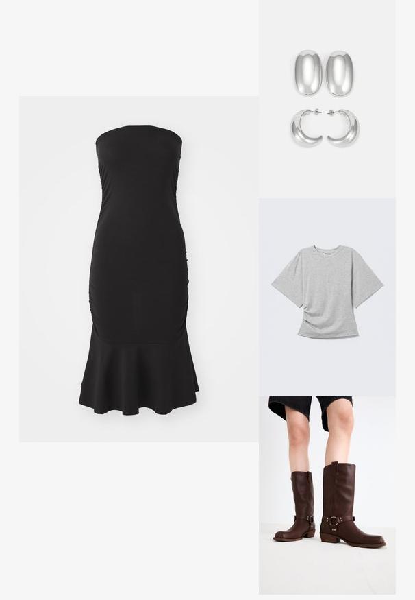 T-shirt gris à manches courtes en tissu doux, présentant une coupe décontractée, un col rond et un détail torsadé à la taille.; Robe noire sans bretelles en tissu extensible, avec des fronces sur les côtés et un ourlet évasé. Texture lisse avec une silhouette ajustée.; Bottes en cuir marron jusqu'au genou avec un bout arrondi, une surface texturée, une sangle au niveau de la cheville et des détails en métal argenté ; talon empilé.; Ensemble de boucles d'oreilles couleur argent : deux clous d'oreilles ovales et deux créoles en forme de croissant, présentant une finition brillante et lisse ainsi qu'un design arrondi.