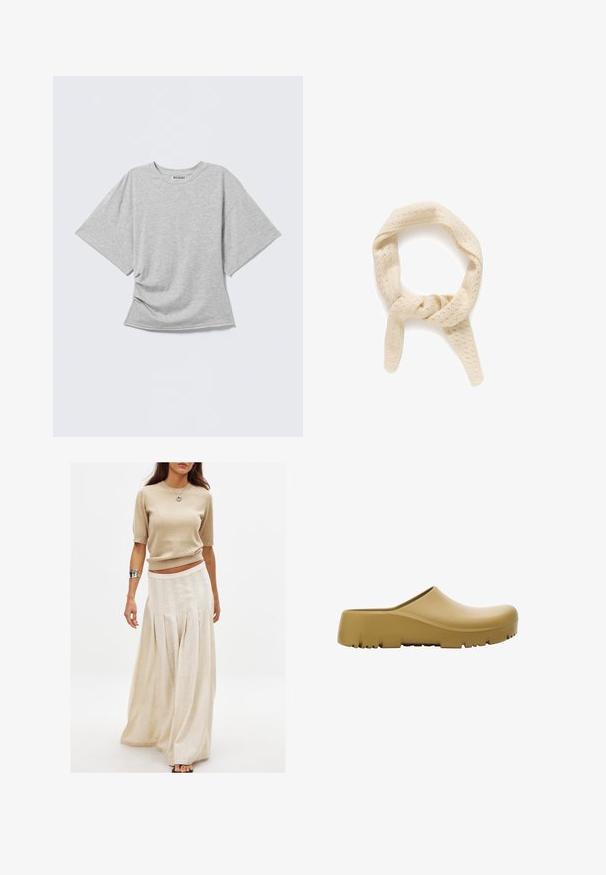 T-shirt gris à manches courtes en tissu doux, présentant une coupe décontractée, un col rond et un détail torsadé à la taille.; Haut à manches courtes en tricot beige associé à une longue jupe crème fluide avec des plis verticaux et une texture lisse.; Sabot en caoutchouc jaune avec une surface lisse, ouvert à l'arrière, et une semelle épaisse et texturée présentant des rainures horizontales. Conçu pour le confort et la durabilité.; Écharpe tricotée de couleur crème avec un motif texturé de petits trous. Présente un design tordu, formant une boucle avec deux extrémités suspendues.