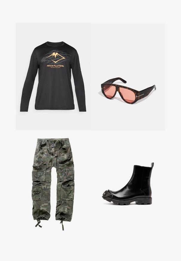 ASICS FUJITRAIL LOGO TOP - Maglietta a manica lunga - performance black; Pantaloni cargo mimetici in cotone, dotati di numerose tasche, polsini elasticizzati e una vestibilità ampia con vita regolabile tramite cordino.; Stivale alla caviglia in gomma nera con una finitura lucida, presenta una punta arrotondata e un accento scolpito distintivo sulla punta. Suola nera testurizzata.; Occhiali da sole tartarugati con lenti rosa, caratterizzati da un audace design angolare e sottili dettagli in metallo argentato sulla montatura.