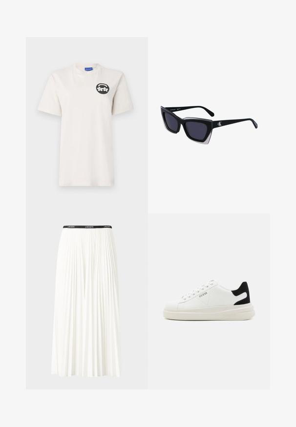 Valkoinen puuvillapaita pyöreällä kaula-aukolla, jossa vasemmassa rinnassa on pyöreä musta graafinen kuva kukista. Lyhyet hihat, rento malli.; Hame valkoinen pliseerattu hame mustalla joustavalla vyötäröhihnalla, jossa on "LACOSTE"-logo. Puolipitkä malli pehmeällä tekstuurilla.; Valkoiset nahkakengät paksulla valkoisella pohjalla, mustalla mokkanahkaosuudella kannassa ja kohokuvioitu logo sivulla. Nauhakeskitys kuudella reiällä.; Mustat ylisuuret aurinkolasit, joissa on geometrinen muoto, tummat linssit ja kehykseen erottuva harmaa yksityiskohta. Logo varressa.