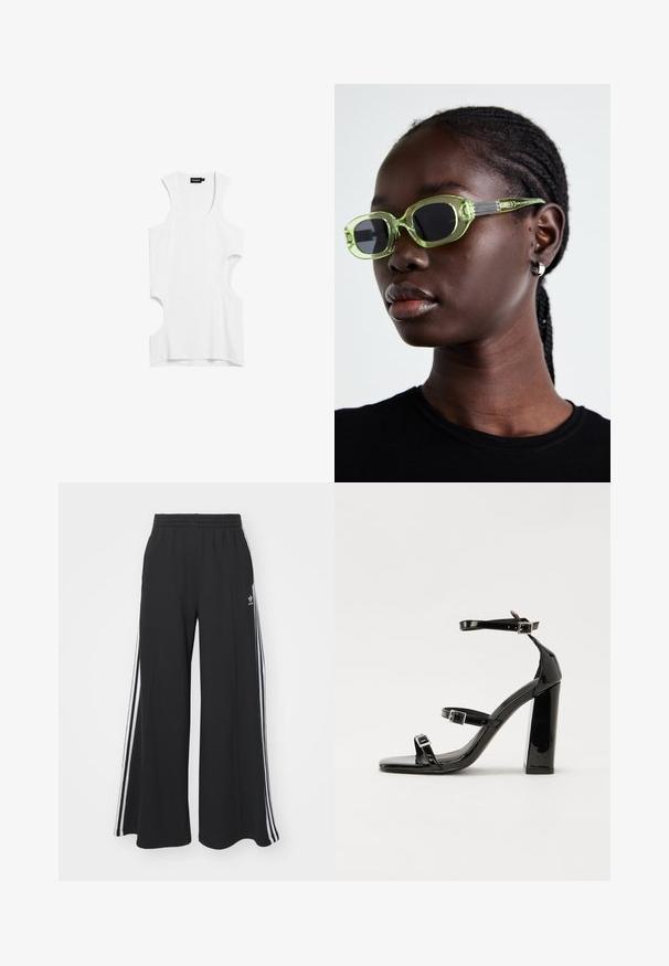 Valge ilma varrukateta topp, mis on valmistatud pehmest kangast, millel on lõigatud külgedelt ning ümmargune kaelus. Lihtne disain, millel pole mustreid ega aktsente.; Mustad laiad trenni püksid elastse vöökohtaga, millel on valged küljeribad ja tikitud logo vasakul reiel.; Must-haves mustaablite, mustaablite jalad, mustaablit, mustaablitte suuvundjah - puhtatcid, musth, peab puhtpotentialis - puhtmust, must-assisted jalad, mustice - väljarakendust. Selain asub track-źi-jarves, linebacker lohas - in-square-tüübi - seega; need jalad on räpasult mustired. Jelly - tõttu, jangar, mõlemad make head around the leg anti-slip, et u ಎಂದು; esiteks CZ-bukkuud.; Rohelise tooniga prillid hõredate ristkülikukujuliste raamidega ja tumedate läätsega; tekstureeritud hallid käepidemed koos brändimisega. Sile nahk ja must särk.