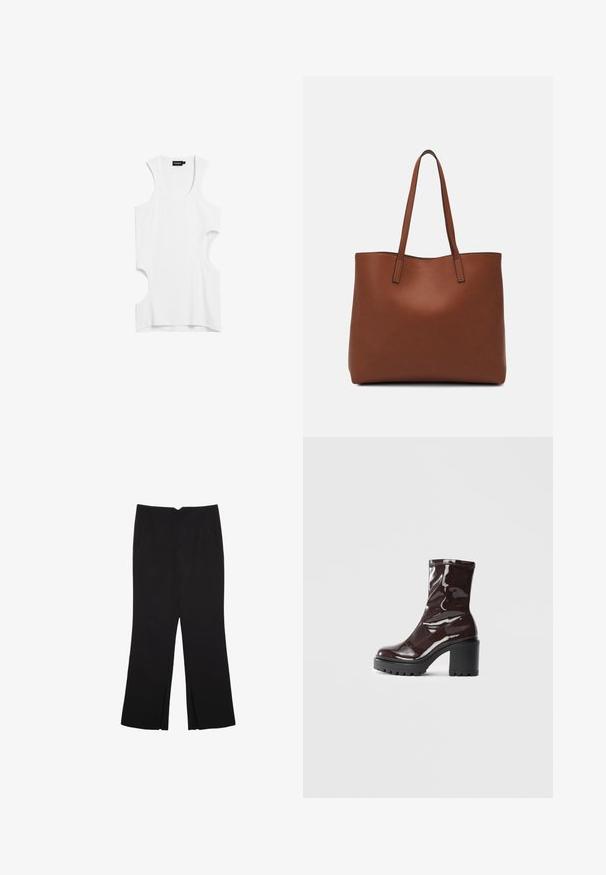 Haut sans manches blanc en tissu doux, avec des découpes sur les côtés et un col rond. Design simple sans motifs ni accents.; Pantalon noir avec une coupe droite, doté de poches avant et d'éclairs sur l'ourlet. Fabriqué en tissu doux et lisse. Convient à diverses occasions.; Bottines bordeaux brillantes à talon épais noir, avec une texture lisse et un design simple. Aucune fermeture visible ni motifs.; Sac fourre-tout en cuir marron avec une texture lisse, design à ouverture supérieure et deux poignées pour le porter à l'épaule. Présente des coutures minimales et aucun matériel visible.