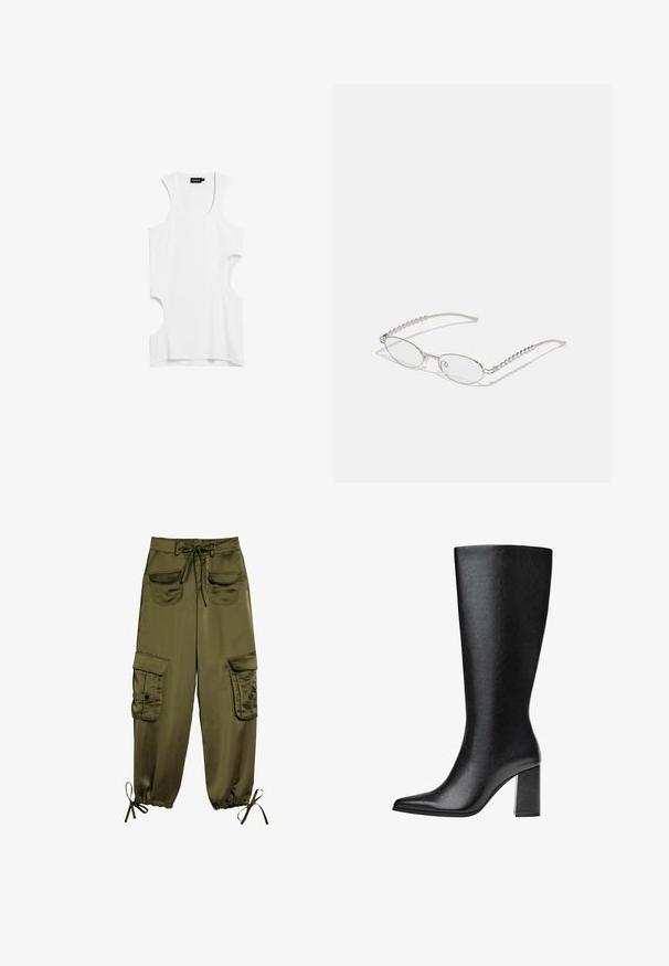 Fehér ujjatlan felső, puha anyagból, kivágott oldalakkal és kerek nyakkivágással. Egyszerű dizájn, minta vagy díszítés nélkül.; Olíva zöld cargo nadrág sima anyagból, két elülső zsebbel, állítható derékpánttal és rugalmas, bokán megkötős mandzsettával.; Fekete, térd fölé érő csizma műbőrből, hegyes orral, sima felülettel és tömör, blokk sarkú kialakítással. Minimalista dizájn, látható díszítések nélkül.; Ovális szemüveg fém ezüst kerettel, átlátszó lencsékkel és texturált gyöngyös szárakkal. Könnyű kialakítás ívelt karokkal.