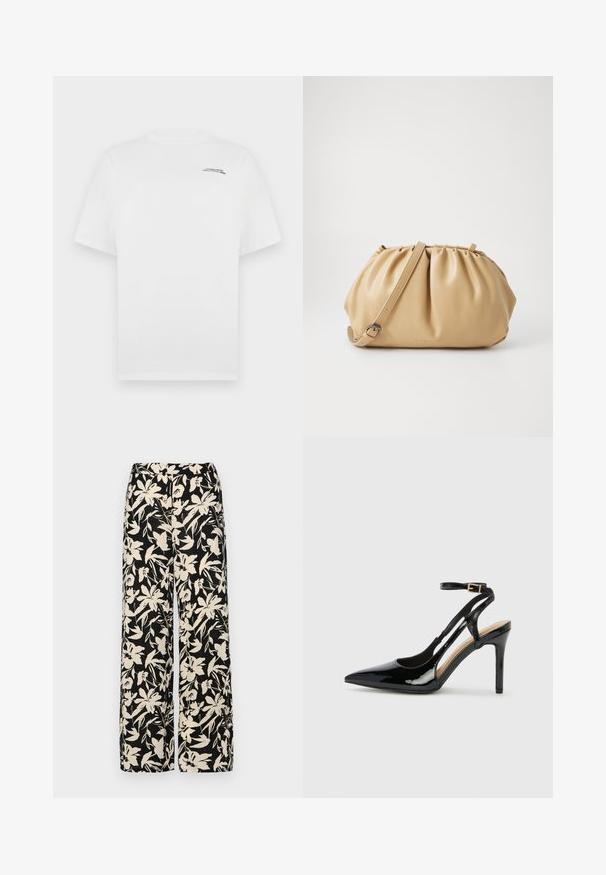 Witte katoenen t-shirt met korte mouwen, ronde halslijn en klein zwart tekstlogo op de linkerkant van de borst. Glad textuur en standaard pasvorm.; Zwarte wijde broek met een crèmekleurig bloemenpatroon. Gemaakt van lichtgewicht stof, met een zachte textuur en een hoge tailleband.; Zwarte lakleren hoge hak slingback schoenen met spitse neus, verstelbare enkelband en open zijkanten. Gladde textuur.; Tan leren handtas met een geplooid ontwerp, verstelbare schouderriem en een ronde vorm. Minimalistische branding op het vooroppervlak.