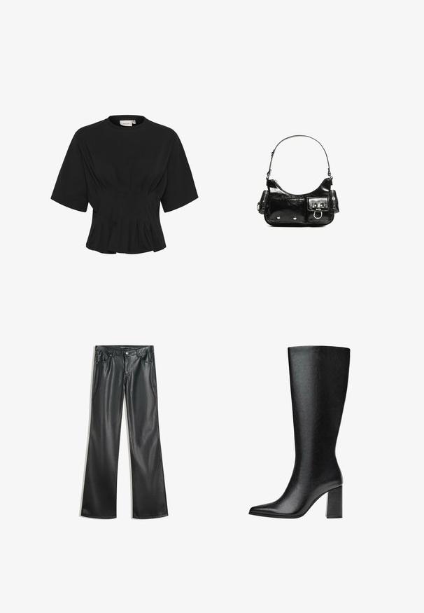 Top scurt negru cu mâneci scurte și guler rotund, cu detalii pliate și un corset ajustat care se lărgește la margine. Fabricat dintr-un material moale.; Pantaloni flared din piele ecologică neagră, cu o textură netedă, design cu cinci buzunare, fermoar frontal și cusături contrastante.; Bot negre până la genunchi, realizat din piele ecologică, cu vârf ascuțit, textură netedă și toc gros. Design minimalist fără accente vizibile.; Geantă de mână din piele lăcuită neagră, cu o formă curbată, un umăr, buzunare frontale și accente din metal argintiu.