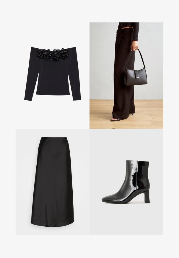 Crna bluzica s porubom iznad ramena i dugim rukavima, s teksturiranim cvjetnim rubom od crnog samta uz izrez.; Crna saten midi suknja glatke teksture, A-linijskog kroja i suptilnog sjaja. Ima elegantan, jednostavan dizajn bez ukrasa.; Crne lakirane kožne gležnjače s šiljastim prstom i srednje visokom blok petom. Glatka tekstura i minimalistički dizajn.; Crna torba s oblikom koji sadrži strukturu, glađu teksturu i metalnu kopču. Uparena s širokim crnim hlačama i sandalama na otvorenom s drvenog poda.