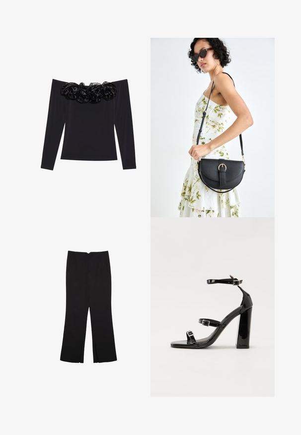 Musta olkaimia vapaana oleva paita, jossa on pitkät hihat, ja jonka kaula-aukkoa korostaa mustasta sametista valmistettu teksturoitu kukkareunus.; Mustat housut suoralinjaisella leikkauksella, joissa on etutaskut ja sivurei'ät helman alla. Valmistettu pehmeästä ja sileästä kankaasta. Sopii eri tilaisuuksiin.; Musta kiiltävä korkokenkä sandaalit neliönmuotoisella varpaalla, nilkkaremmillä ja hopeisilla soljilla. Varustettu tukevalla lohkokorkealla vakauden takaamiseksi.; Musta nahkainen käsilaukku, joka on kaareva muotoilultaan, irrotettavalla hihnalla ja kultaisilla yksityiskohdilla. Laukussa on läppä, jossa on solk yksityiskohta.