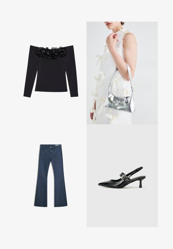 Black off-the-shoulder top with long sleeves, featuring a textured floral trim made of black velvet along the neckline.; Dark blue flared denim jeans with stitched pockets, a button closure, and a smooth texture. Features a classic five-pocket design.; Black patent leather slingback heels with a pointed toe and a small block heel, featuring a silver buckle accent on the strap.; Silver metallic handbag with a structured shape, featuring a top handle and bow detail on the front. Smooth texture, reflective finish.