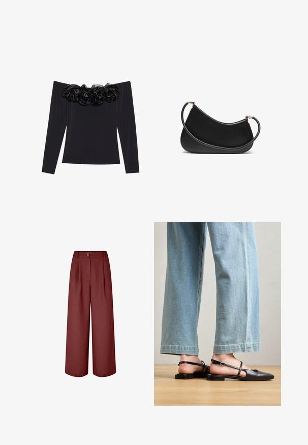 Black off-the-shoulder top with long sleeves, featuring a textured floral trim made of black velvet along the neckline.; Wide-leg trousers in a rich burgundy color, made of smooth fabric. Features a waistband, front pleats, and a single button closure.; Black leather slingback shoes with a pointed toe, flat heel, and ankle strap; worn with light blue wide-leg jeans.; Black leather shoulder bag with a curved design, featuring a textured strap and gold-tone hardware at the top closure. Smooth finish.; Set of gold-tone earrings featuring various designs, including studs, hoops, and dangling pieces with pearls and rhinestones.