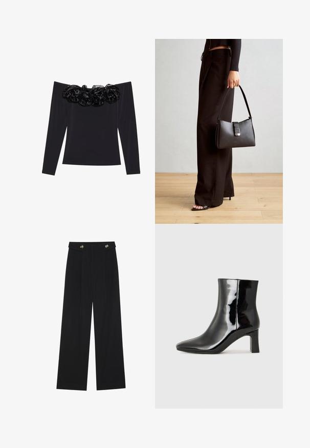 Top preto off-the-shoulder com mangas longas, apresentando uma orla floral texturizada em veludo preto ao longo do decote.; Calças largas pretas com cintura alta, detalhes em botão na cintura e pregas frontais.; Botim de tornozelo em pele sintética preta com bico apontado e salto bloco de altura média. Textura suave e design minimalista.; Bolsa preta com forma estruturada, textura suave e um fecho metálico. Combinada com calças largas pretas e sandálias de salto aberto sobre um chão de madeira.