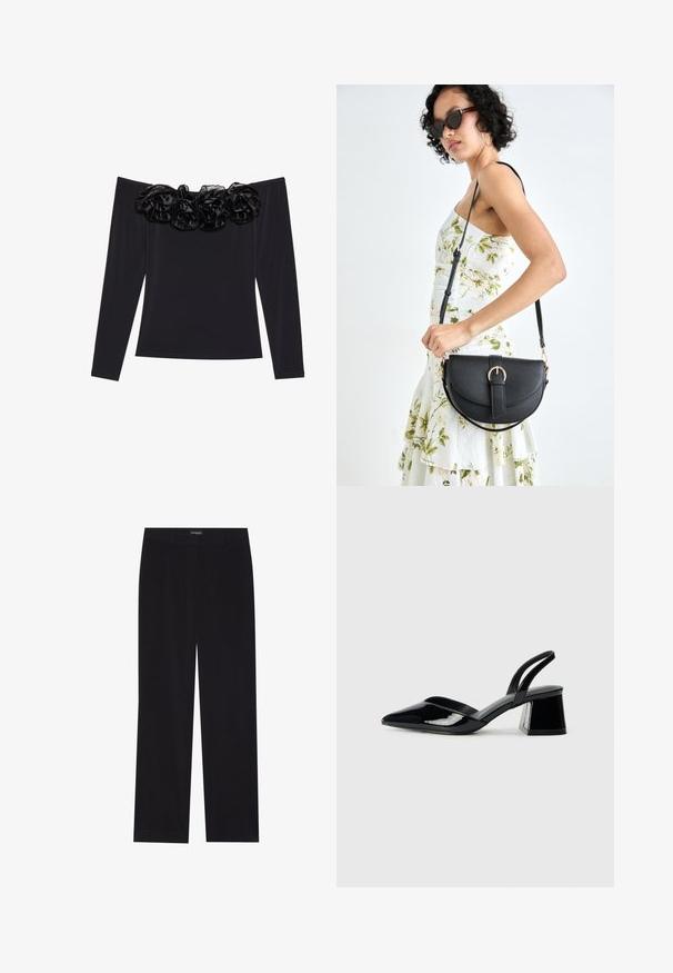 Must mustriga top, millel on pikad varrukad ja mis jääb õlgadelt paljaks. Näol on mustast sametist tekstuuriga lilleline ääris kaeluse ümber.; Mustad sametpüksid sirge lõikega, lame vöökoht, ilma nähtavate taskuteta, sile tekstuur ja vertikaalne soonikute detail.; Mustad musta lakknahk kingad, millel on terav varvas ja geomeetriline plokkkonts. Omab elegantselt minimalistlikku disaini ja sujuvat tekstuuri.; Mustmust mustraha kõverate joontega, eemaldatava rihmaga ja kuldsete detailidega. Kotil on klapp, millel on pandladetail.