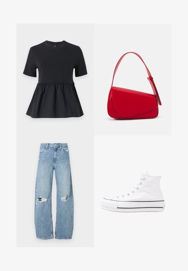 Black peplum top featuring a fitted bodice and gathered waist. Made from soft cotton with a smooth texture and short sleeves.; Light blue, high-waisted jeans made of denim. Feature wide legs, two torn knee areas, and classic five-pocket styling.; White high-top canvas sneaker with black rubber sole, front rubber toe cap, and six eyelets for laces, featuring a clean, minimalist design.; Red leather handbag with an angular, geometric design. Features a single adjustable strap and a flap closure with stitched detailing.