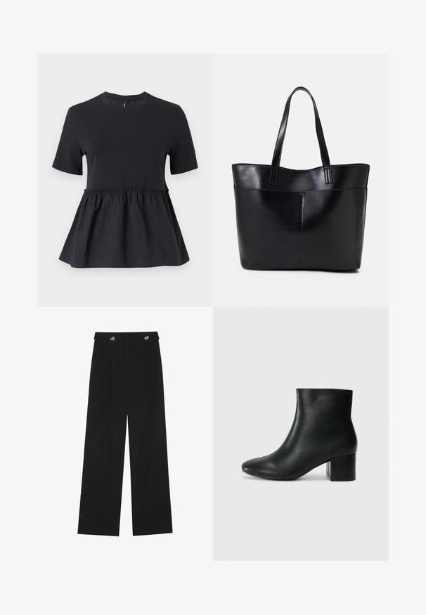 Črn peplum top z oprijetim telesom in zbrano pasom. Narejen iz mehke bombažne tkanine z gladko teksturo in kratkimi rokavi.; Črne široke hlače s visokim pasom, gumbnimi detajli na pasu in sprednjimi gubami.; Črne usnjene gležnjarje s koničastim nosom in debelim peto. Gladka tekstura z minimalnimi detajli in eleganten, prilegajoč dizajn.; Črna usnjena torba z dvema dolgima ročajema, gladko teksturo in strukturirano obliko. Ima sprednji žep za dodatno shranjevanje.