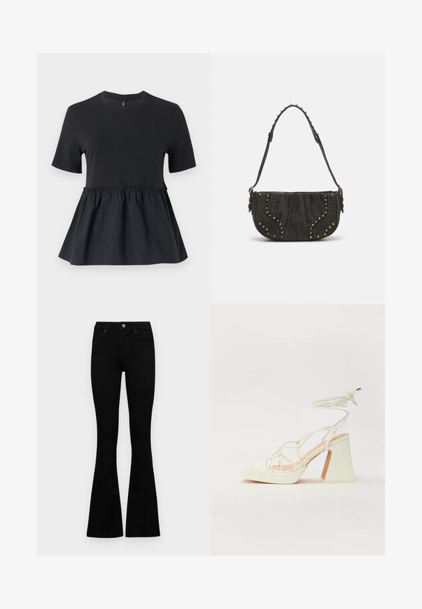 Must mustripsiga must peplum-tipp, millel on pehme vooder ja kogutud talje. Valmistatud pehmest puuvillast, millel on sile tekstuur ja lühikesed varrukad.; Mustad kõrge vöökohtadega teksad, millel on nööp ja lukuga sulgemine, esikäe taskud ja laienevad sääred, asetatud tasasele valgele taustale.; Valged kõrge kontsaga sandaalid, millel on paks konts ja rihmadega disain koos pahkluu sidumisega. Sile tekstuur ja platvorm ees, et lisada kõrgust.; Must mustahjust kott, millel on kumer disain, kinnitusdetailide ja tekstureeritud pinnaga. Reguleeritav rihm, mille serval on nupud.