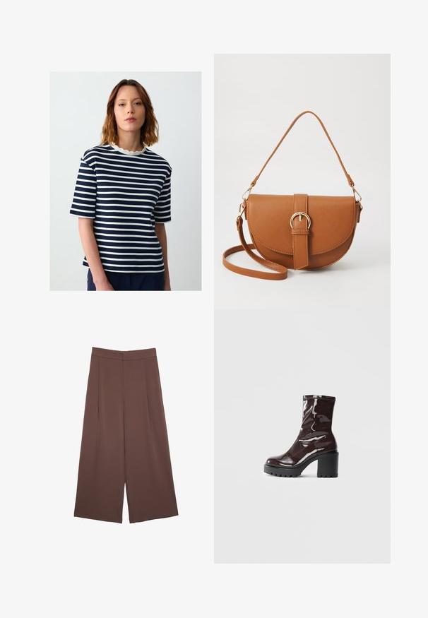 Marineblau-weiß gestreift, kurzärmliges T-Shirt mit einem gewellten Rundhalsausschnitt, hergestellt aus einem weichen Stoff mit einer lässigen Passform.; Braune Weite-Leg-Hosen mit einer glatten Textur, hoher Taille und Vorderfalten. Der Stoff ist leicht und fällt locker.; Glatte bordeauxrote Ankle Boots mit einem klobigen schwarzen Absatz, die eine glatte Oberfläche und ein einfaches Design aufweisen. Keine sichtbaren Verschlüsse oder Muster.; Braune Leder-Crossbody-Tasche mit geschwungener Form, goldfarbenen Beschlägen und einer Schnallenakzentuierung. Verfügt über einen abnehmbaren Schultergurt.