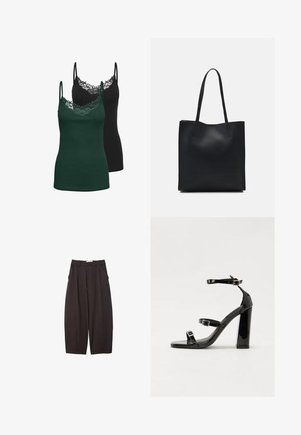 Kaksi toppia: yksi musta ja yksi tummanvihreä. Molemmissa on pitsireunus kaula-aukon ympärillä ja ohuet säädettävät olkaimet. Pehmeä, venyvä kangas.; Mustat leveälahkeiset housut, jotka on valmistettu sileästä kankaasta. Niissä on korkea vyötärö, etupleatsit ja sivutaskut. Yksinkertainen muotoilu ilman koristeita.; Musta kiiltäväpintainen korkokengät, joissa on kaksi solkikiinnitystä, neliönmuotoinen kärki ja paksu korko, sileällä, kiiltävällä pintarakenteella.; Mustapahkainen kangaskassi, jossa on sileä pinta, suorakaiteen muotoinen ja kaksi pitkää kahvaa. Ei näkyvää metalliosaa tai koristeita.