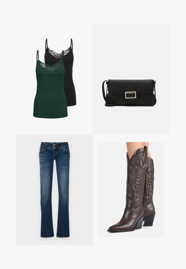 Két női top: az egyik fekete, a másik sötétzöld. Mindkét darab csipke díszítéssel rendelkezik a dekoltázs körül, valamint vékony, állítható pántokkal. Puha, rugalmas anyag.; Sötétkék bootcut farmernadrág, két elülső gombbal, öt zsebbel, és finom kopásokkal a combokon és a térdeken.; Barna bőr cowboy csizmák hegyes orral és blokk sarkal, részletes varrással és kiemelkedő díszítésekkel a szárán.; Fekete bőr kézitáska hajtóka részlettel és aranyszínű fém csattal. Tartalmaz egy fekete pántot és egy letisztult, minimális dizájnt.; Arany fülbevalók sima, fényes felülettel. Kör alakú dizájn, amely kis kapoccsal és átlátszó tartozékkal rendelkezik a biztonságos viselés érdekében.