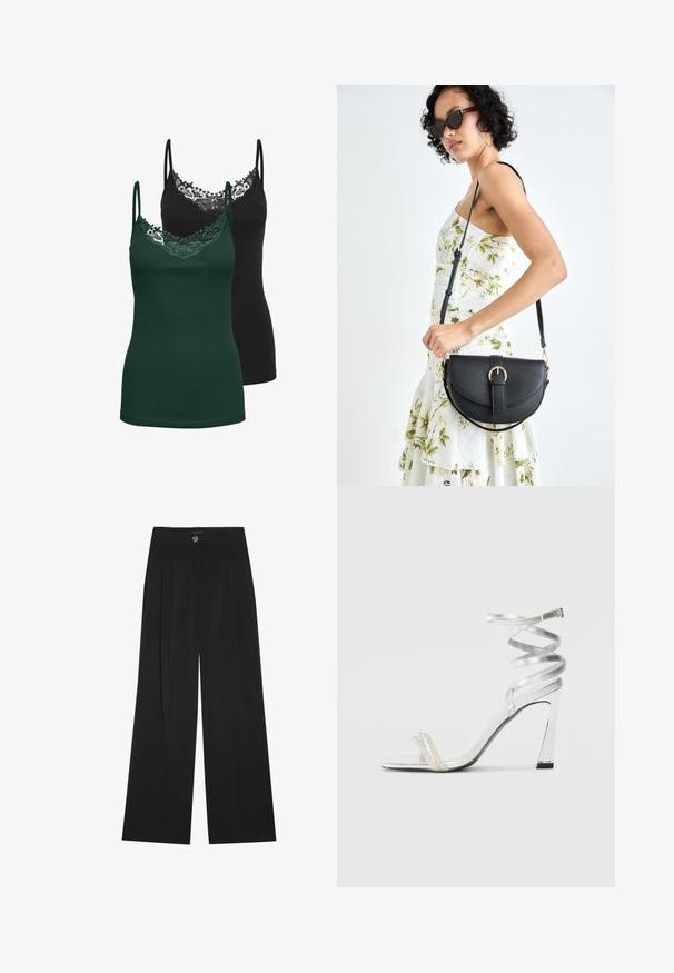 Twee hemdjes: één zwart en één donkergroen. Beide hebben een kantafwerking rond de halslijn en dunne verstelbare schouderbandjes. Zacht, rekbaar materiaal.; Zwarte wijde pantalon met plooien, voorzien van een knoopsluiting en twee zijzakken; een gladde textuur met een taillerdesign.; Zilveren sandaal met hoge hakken en een glanzend bandontwerp, met een parelachtige accent en een gewikkelde enkelband voor een veilige pasvorm.; Zwarte leren handtas met een gebogen vorm, afneembare schouderband en gouden hardware. De tas heeft een klep met een gespsluiting.