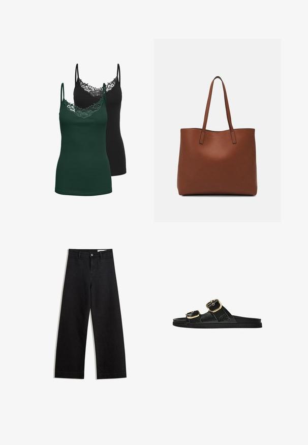 Dve majice na naramnice: ena črna in ena temno zelena. Obe imata čipkast rob okoli izreza in tanke nastavljive naramnice. Mehka, elastična tkanina.; Črne široke denim hlače z visokim pasom, ki imajo sprednje in zadnje žepe, šivane šive ter gumbasto zapiranje. Gladka tekstura.; Črne drsne sandale z dvema zlatima zaponkama, gladkega materiala, ravnim podplatom in minimalističnim dizajnom.; Rjava usnjena torba z gladko teksturo, odprto zasnovo zgoraj in dvema naramnima trakovoma. Opremljena je z minimalnim šivanjem in brez vidnih kovinskih delov.