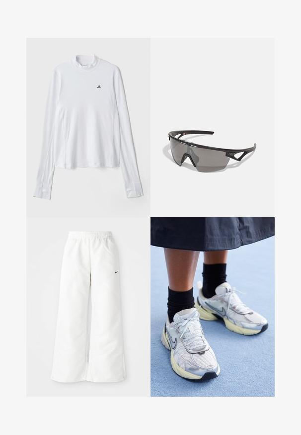Witte langevleese shirt met een hoge halslijn, voorzien van een klein zwart driehoekig logo op de borst en een gestructureerde stof.; Witte sportbroek met een wijd been ontwerp, elastische tailleband en een klein zwart Nike-logo aan de linkerzijde. Gladde, lichtgewicht stof.; Witte en zilveren Nike sneakers van meshstof, met reflecterende accenten en een beige zool. Gedragen met zwarte sokken, staand op een blauwe ondergrond.; Sportzonnebril met een zwart frame, grijze lenzen, aerodynamisch ontwerp en hoekige vorm; voorzien van geaccentueerde tempels en een neusbrug.