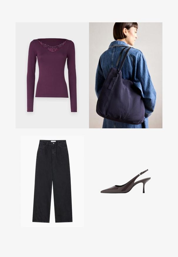Dugih rukava majica u tamnoljubičastoj mješavini pamuka s čipkastim obrubom oko V izreza. Prilagođen dizajn s glatkom teksturom i bez vidljivih kopčanja.; Crne traperice širokog kroja s visokim strukom, s prednjim dugmetom i patentnim zatvaračem, petljama za pojas i pet džepova.; Sandalice s uskim potpeticama u tamnosmeđoj lakiranoj koži, s uskom visokom potpeticom i prilagodivim remenom oko gležnja s kopčom.; Mornarska platnena torba s mekim, strukturiranim oblikom, s crnim remenom, šavnim detaljima i malom oznakom branda.
