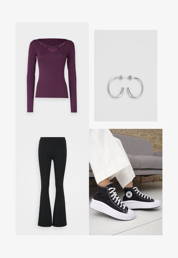 Hosszú ujjú, sötétlila pamut keverék felső, csipkés V-nyakkivágással. Testhezálló kialakítás, sima tapintással és láthatatlan záródással.; Fekete harangszárú nadrág, rugalmas anyagból készült, magas derékkal és sima felülettel. A nadrág a térdtől kezdve bővül.; Fekete magas szárú tornacipők fehér gumitalppal és fűzővel. Kör alakú logófolttal és kontrasztos fehér varrással. Vászon anyagból.; Ezüst karika fülbevalók sima, fényes felülettel. Lekerekített forma, könnyű kialakítással, tűs zárómechanizmussal.