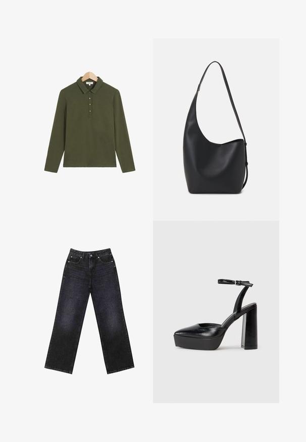 Langarm-Polohemd aus dunkelgrüner Baumwolle mit Kragen, Knopfleiste mit passenden Knöpfen und lässiger Passform.; Hoch taillierte schwarze Jeans aus Denim mit weitem Bein, Fünf-Taschen-Design und sichtbaren Nähten. Der Stoff hat eine glatte, leicht strukturierte Oberfläche.; Schwarze Plateau-High Heels mit spitzem Zeh und verstellbarem Knöchelriemen. Gefertigt aus glattem Leder und mit einem klobigen Blockabsatz.; Schwarze Leder-Hobo-Tasche mit einer glatten Textur, geschwungener Form und einem einzelnen verstellbaren Tragegurt; verfügt über eine weite Öffnung am oberen Ende.