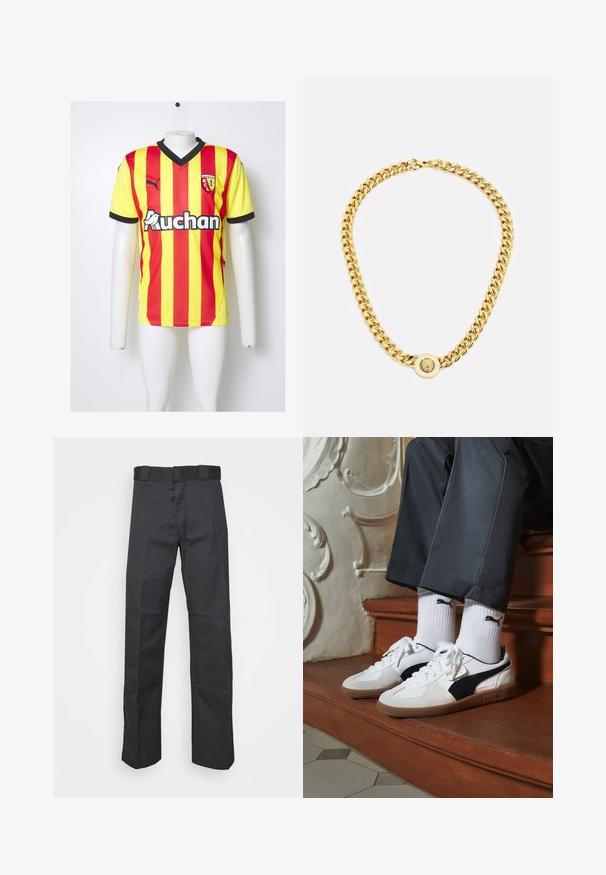 Červenožltý pruhovaný futbalový dres s čiernym výstrihom do V, krátkymi rukávmi a logom na hrudi. Započítava textúrovanú látku a bočné akcenty.; Čierne nohavice z odolnej tkaniny, s rovnými nohavicami, pásom s pútkami na opasok a švami pre zvýraznenie textúry.; Tenisky Puma v bielej a čiernej z semišu, s hnedou gumovou podrážkou. Kombinované s bielymi ponožkami s čiernym logom, nosené s tmavými nohavicami.; Zlatý náhrdelník s veľkými prepojenými článkami, ktorý má v strede okrúhly prívesok s vyvýšeným emblémom.