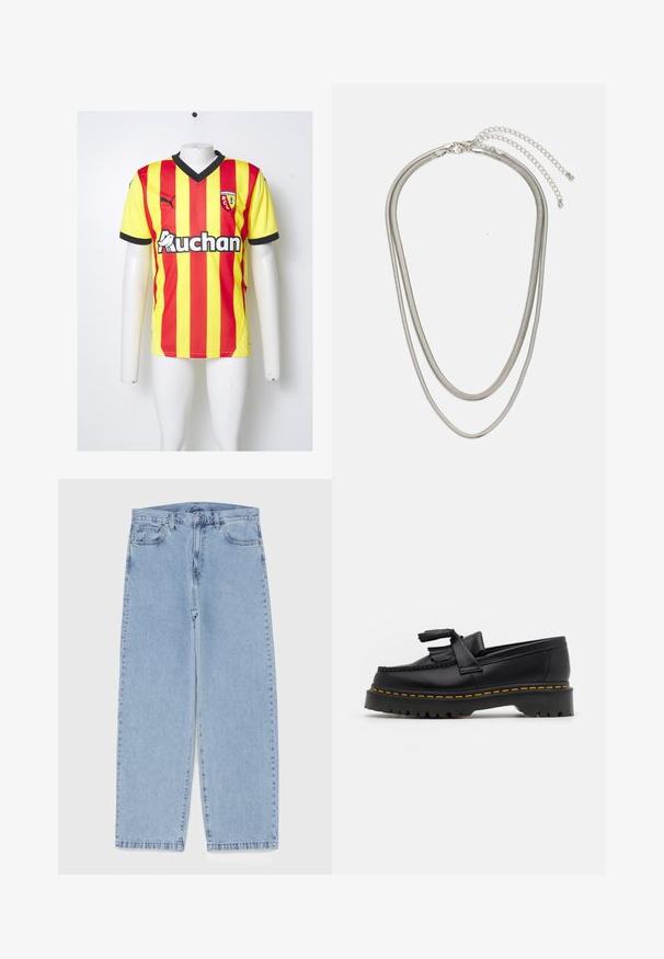 Červenožltý pruhovaný futbalový dres s čiernym výstrihom do V, krátkymi rukávmi a logom na hrudi. Započítava textúrovanú látku a bočné akcenty.; Svetlomodré denimové džínsy s rovnými nohavicami, s polovysokým pásom, piatimi vreckami a zapínaním na gombík a zips.; Čierne kožené loafre s detailom na strapcoch, s masívnou čiernou podrážkou a žltým prešitím pozdĺž okraja. S textúrovaným povrchom.; Trojvrstvový náhrdelník zo strieborného kovu s elegantnými, flexibilnými reťazami s jemným leskom, zabezpečený sponou typu langusta a nastaviteľným reťazcom.