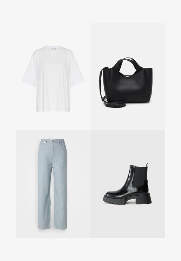 Camiseta blanca de manga corta con un corte relajado. El diseño simple presenta un logo sutil en relieve en la parte frontal. Material de algodón, textura suave.; Jeans de pierna recta en azul claro, hechos de denim. Cuenta con cinco bolsillos, un cierre de botón de metal y un sutil desgastado para añadir textura.; Botas negras hasta el tobillo hechas de cuero brillante con paneles laterales elásticos, una cinta de agarre y una suela de goma gruesa que presenta un patrón de textura.; Bolso de mano de cuero negro con acabado texturizado, forma angular, dobles asas y una correa de hombro ajustable. Presenta un acento del logo de DKNY.