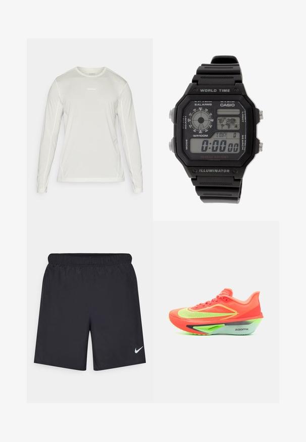 Salomon SHKOUT CORE TEE - Ilgarankovis viršutinės dalies drabužis - icicle; Juodos sportinės šortai, pagaminti iš lengvos medžiagos, su elastingu juosmeniu. Ant apatinės kairės pusės yra mažas baltas Nike logotipas.; Bėgimo bateliai su ryškiu oranžiniu viršumi, neoninės žalios spalvos akcentais, sraigtinio dizaino ir išskirtine pilka ir žalia padais, pažymėti "ZOOMX".; Skaitmeninis laikrodis su juodu gumuotas dirželiu, stačiakampiu korpusu ir lęšiu. Rodo laiką, pasaulinį laiką žemėlapį, ir turi mygtukus žadintuvui bei šviesai.