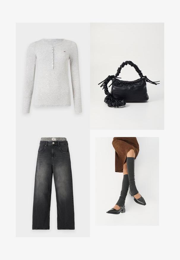 Grå langermet topp laget av ribbestrikket stoff, med en knappehenley-hals og en liten brodert logo på brystet.; Sorte denim bukser med vide ben og et houndstooth-mønstret taljebånd. Funktioner inkluderer forlommer og knappelukning. Slidt tekstur.; Sorte lakkpumps med spiss tå, blokkhel, og ankelstropp, kombinert med grå ribbestrikkede beinvarmere og et brunt semsket skinn skjørt.; Svart faux skinn-håndveske med krokodilletekstur, strammet topp og en rynket stropp. Ser myk og kompakt ut i designen.