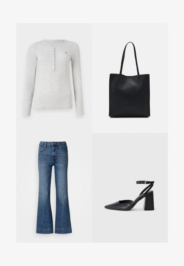 Grijze langemouwen top van ribbelstof, met een knoopsluiting bij de Henley-hals en een klein geborduurd logo op de borst.; Uitlopende denim jeans in donkerblauw. Beschikt over vijf zakken, riemlussen en oranje stiksels. Een gladde textuur met een klassiek pasvormontwerp.; Zwarte leren puntige pump met een enkelbandje en een chunky hak. Vlakke textuur, strakke vormgeving en minimalistische esthetiek.; Zwarte leren handtas met een gladde textuur, rechthoekige vorm en twee lange handvaten. Geen zichtbare hardware of versieringen.