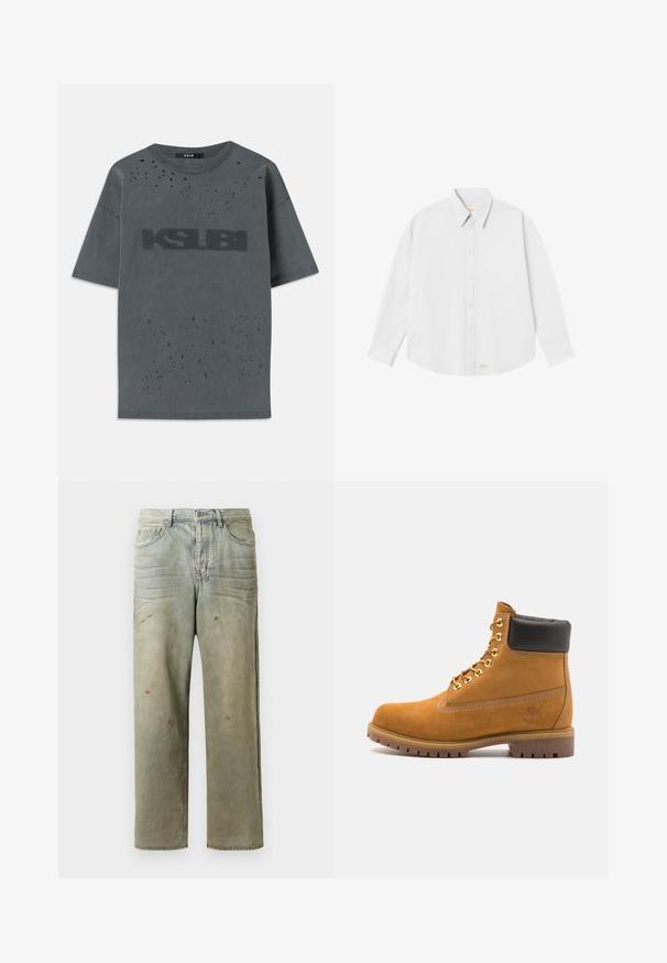 Pilkas per didelis marškinėliai, pagaminti iš medvilnės, su pažeidimais ir dideliu juodu "KSUBI" logotipu priekyje. Trumpomis rankovėmis, apvalios kaklo formos dizainas.; Balta marškinėliai su apykakle, ilgomis rankovėmis ir suapvalintu apačiu; priekinėje dalyje apatiniame kairiajame kampe pažymėtas mažas oranžinis logotipas.; Šviesiai žaliai nuvarytos džinsinės kelnes, su tiesiomis kojomis, penkių kišenių dizainu, nelygiai blukščiantis ir su dažų lašeliais.; Tan spalvą turintys suknelės batus iki kulkšnies su juodu paminkštintu apvadu, auksiniais metaliniais akių užsegimais, baltais siūlų dekoratyviniais elementais ir tvirtu guminiu padu su ryškiai išreikštais raštais.