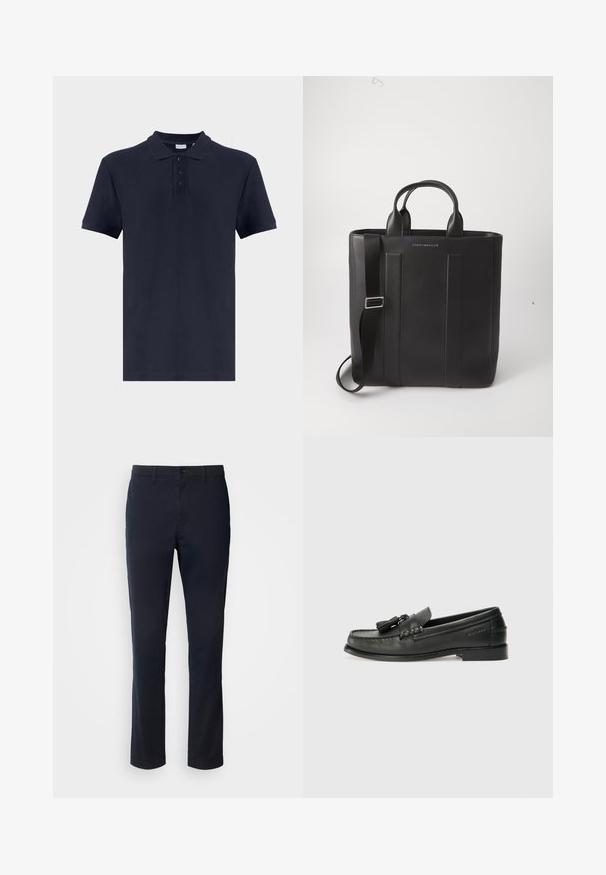 Jūros laivyno polo marškiniai iš tekstūrinės medžiagos, turintys klasikinį apykaklę, tris mygtukus ir trumpas rankoves. Paprastas dizainas su tiesia iškirpte.; Tamsiai mėlyni kelnių pagaminti iš lygaus audinio, turintys tiesaus kirpimo dizainą, diržo kilpas ir sagčių uždarymą su užtrauktuku.; Juodos odinės mokasinos su apvaliu nosiu, dekoratyvinėmis kutais ir siuvinėtu dizainu. Plokščias padas su subtilia ženklinimo detale šone.; Juodas odinis prekinių maišas su dviem viršutinėmis rankenomis ir nuimamu peties diržu. Yra vertikalūs siūlai ir iškilmingas logotipas priekyje.