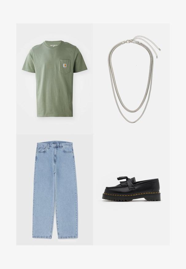Olive green t-shirt made of cotton, featuring a crew neck, short sleeves, and a left chest pocket with a logo patch.; Light blue denim jeans with straight leg design, featuring a mid-rise waist, five pockets, and a button and zipper closure.; Black leather loafer with a tasseled accent, featuring a chunky black sole and yellow stitching along the edge. Textured finish.; Three-layered silver metal necklace featuring sleek, flexible chains with a slight sheen, secured with a lobster clasp and adjustable chain.