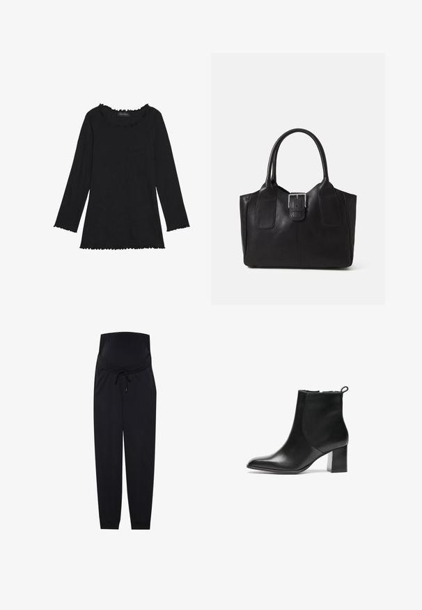 Fekete, hosszú ujjú felső bordázott textúrával, kerek nyakkivágással, fodros díszítéssel és nyers vágású ujjak és aljjal.; Fekete kismama joggerek, puha anyagból készültek, elasztikus derékpánttal, húzózsinórral és formázott szárakkal a bokáknál.; Fekete bőr bokacsizma kerek orral, közepes magasságú blokk sarkával és hátsó húzófüllel. Sima felület, minimalista kialakítás.; Fekete bőr bevásárlótáska sima textúrával, strukturált formával, két fogantyúval és egy figyelemfelkeltő ezüst csattal az elején.