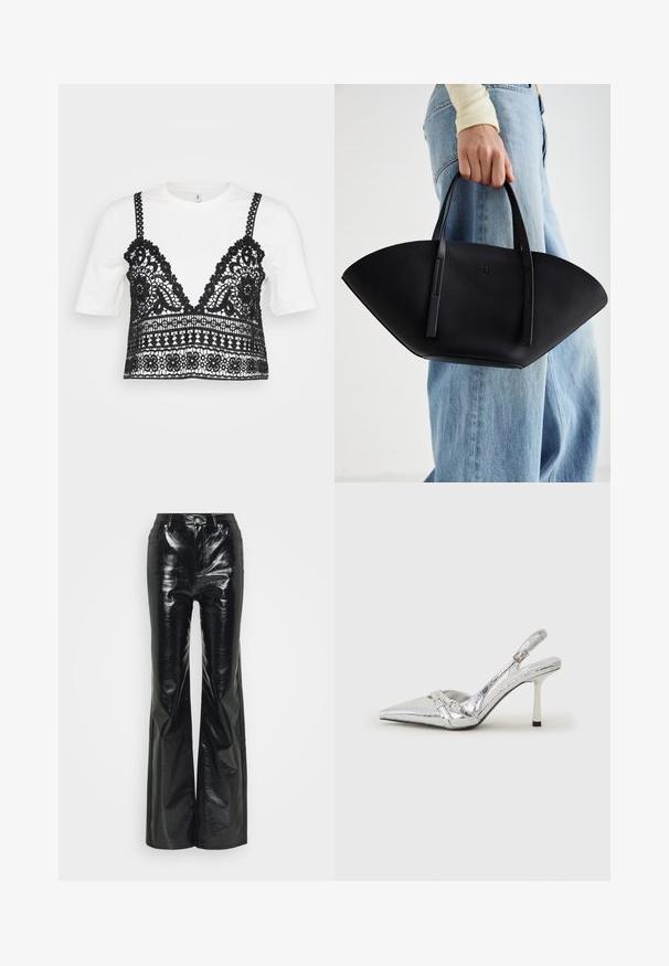 T-shirt branco de manga curta com um corpete de renda preta com padrões florais, bordas em onda e alças ajustáveis.; Calças flare em couro sintético preto com acabamento brilhante, apresentando uma cintura alta, bolsos frontais e detalhes em metal prateado.; Sapato de salto alto slingback prateado com bico fino, acabamento metálico, duas correias decorativas e um salto esbelto com ponta preta.; Bolsa de mão em couro preto com uma forma única em leque, apresentando alças planas. A superfície tem uma textura pebble e um design minimalista.
