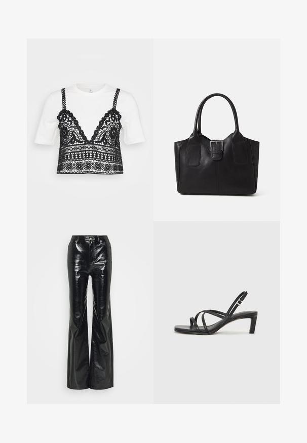 Balta trumpa rankovėmis marškinėliai su juodu nėriniuotu viršumi, dekoruotu gėlių raštais, banguotais kraštais ir reguliuojamais petnešomis.; Juodos dirbtinės odos platėjančios kelnės su blizgiu paviršiumi, su aukšta juosmena, priekine kišene ir sidabriniais akcentais.; Juodi šlepetės su kvadratiniu pirštu ir žemu bloku kulnu. Yra keli ploni dirželiai ir reguliuojamas kulkšnies diržas. Pagaminti iš lygios odos.; Juodas odinis nešiojamas krepšys su lygiu paviršiumi, struktūrine forma, dviem rankenėlėmis ir ryškiu sidabriniu sagties akcentu priekyje.