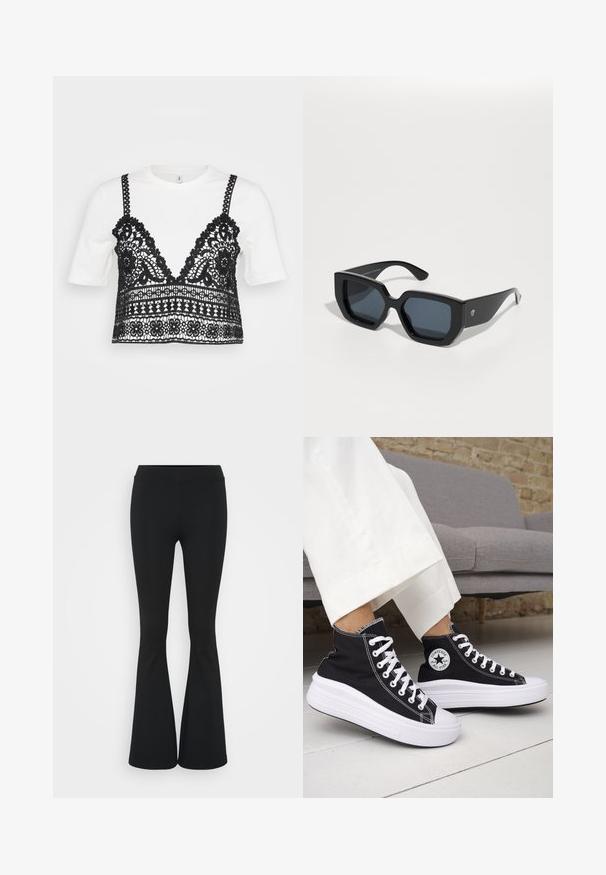 Tricou alb cu mânecă scurtă, cu un corset din dantelă neagră, dotat cu motive florale, margini crestate și bretele ajustabile.; Pantaloni negrii evazați dintr-un material elastic, având un talie înaltă și o textură netedă. Pantalonii se lărgesc de la genunchi.; Adidași negri înalți cu tălpi și șireturi albe din cauciuc. Prezintă o pată logo rotundă și cusături albe contrastante. Material din pânză.; Ochelari de soare de mari dimensiuni, negri, cu un design geometric, lentile rectangulare și finisaj lucios. Fără branding vizibil pe față.
