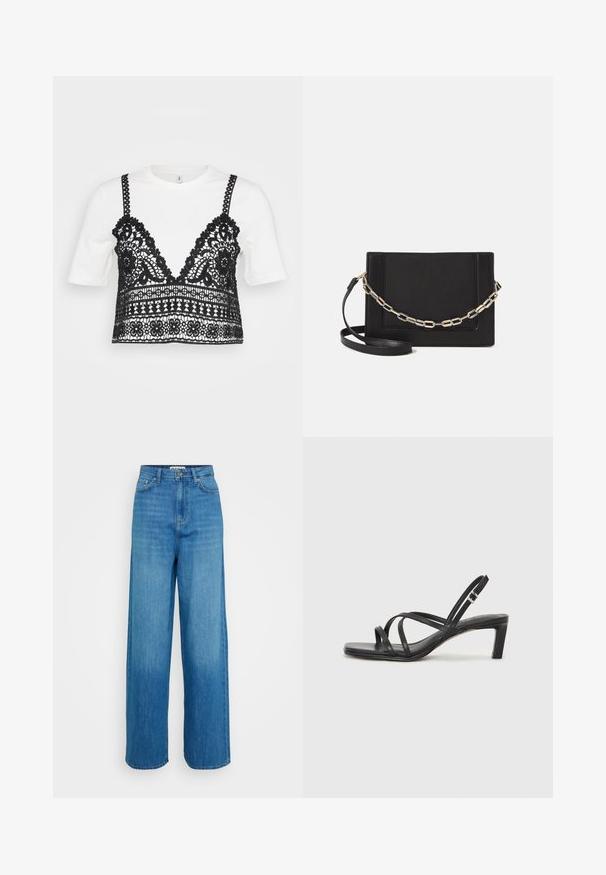 Biela tričko s krátkym rukávom s čiernym krajkovým telom s kvetinovými vzormi, vlnitými okrajmi a nastaviteľnými ramienkami.; Modré vysoké nohavice so širokými nohavicami a predným gombíkovým a zipsovým zapínaním, predné a zadné vrecká a zošité lemy na bielom pozadí.; Čierne sandále na vysokom podpätku so štvorcovou špičkou a nízkym blokovým podpätkom. Obsahujú viacero tenkých popruhov a nastaviteľný členkový popruh. Vyrobené z hladkej kože.; Čierna kožená crossbody taška s hladkou textúrou, obdĺžnikovým tvarom a kovovým reťazovým detailom na prednej strane. Súčasťou je nastaviteľný popruh.; Strieborný prsteň s dvojitým pásikom s hladkým, lesklým povrchom. Má plynulý, zakrivený dizajn s prekryvajúcimi sa časťami pre moderný vzhľad.