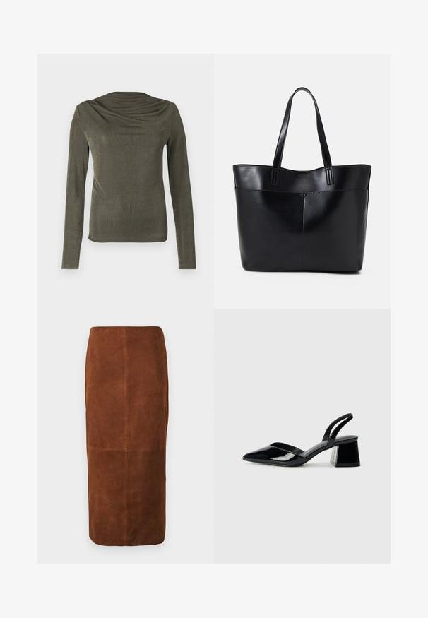 Oliven grønn langermet topp med en drapert halslinje, laget av et glatt, lett stoff. Har tettsittende ermer og en subtil glans.; Brun semsket midi skjørt med en rett silhuett og synlige vertikale og horisontale sømdetaljer på en hvit bakgrunn.; Svarte patentlær slingback hæler med spiss tå og geometrisk blokk hæl. Har et stilrent, minimalistisk design og jevn tekstur.; Svart lær toteveske med to lange håndtak, en glatt tekstur og en strukturert form. Har en frontlomme for ekstra oppbevaring.