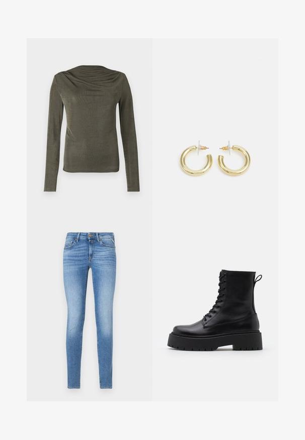 Olivno zeleni dolg rokav s drapirano ovratnikom, izdelan iz gladkega, lahkega materiala. Ima prilagojene rokave in subtilen sijaj.; Tanjši modri jeans z višjim pasom, sprednjim gumbom in petimi žepi.; Črne usnjene gležnjarje z okroglo konico, vezalnim sprednjim delom in debelim gumijastim podplatom z teksturiranim profilom. Zanka na hrbtni strani.; Zlate uhane v obliki obročkov z gladko, sijočo površino. Krožna zasnova s majhnim nosilcem in prozornim podplatom za varno nošenje.