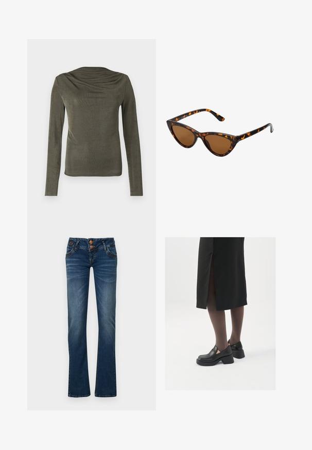 Olive rohelise värvi pika varrukaga särk, millel on drapeeritud kaelus, valmistatud siledast ja kergekaalulisest kangast. Omab nappide varrukate lõike ja õrna läiget.; Tumedad sinise bootcut teksad, kus on kaks esist nuppu, viis taskut ning õrn fade-reklaam reitel ja põlvili.; Mustad mustad jalatsid ümmarguse varbaga, paksu plokkniidi ja elastsete külgdetailidega, kombineeritud tumedate sukkade ja musta lõhikuga seelikuga.; Kassi vormiga prillid musta ja oranži kilpkonnakujulise raami, pruunide läätsede ja elegantsete teravate otstega. Templi juures on minimaalne logo.; Must haben musta nahkklahviga kott, millel on klapp ja kuldne metallist pandla detail. Kaasas must rihm ja stiilne, minimalistlik disain.; Kuldne rõngassõrmused sileda ja läikiva viimistlusega. Ringikujuline disain, millel on väike post ja selge tagumine külg, et tagada kindel kandmine.