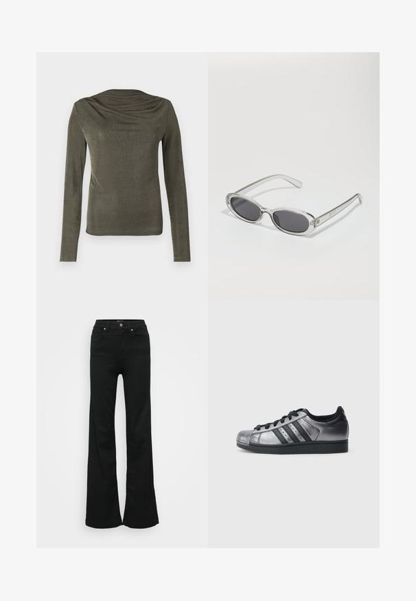 Oliven grønn langermet topp med en drapert halslinje, laget av et glatt, lett stoff. Har tettsittende ermer og en subtil glans.; Svarte utsvingte jeans laget av denim, med høy midje, fem lommer og metallknapplukking. Glatt tekstur med minimal detaljering.; Sorte og metallisk sølv sneakers med avrundet tå, tre svarte striper og teksturert overdel. Svarte lisser og gummisåle.; Solbriller med oval form, klar plastramme, mørkegrå linser og tynne gjennomsiktige armer med logopunksjoner og minimal detaljering.