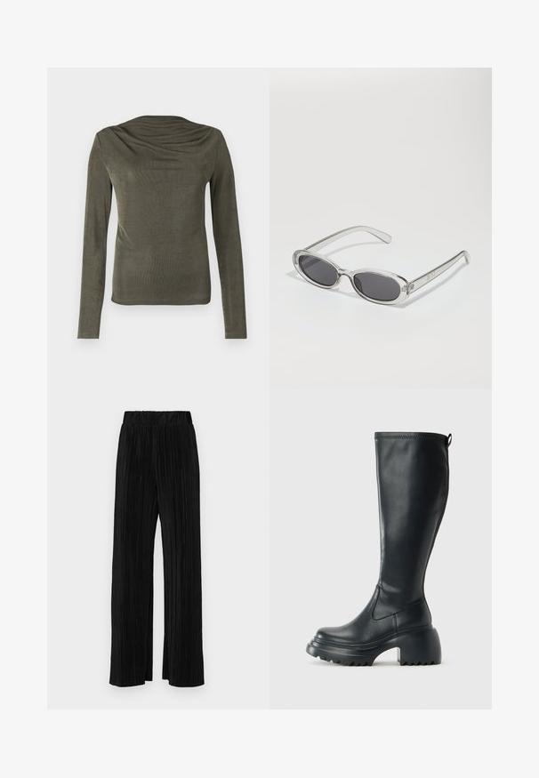 Olive rohelise värvi pika varrukaga särk, millel on drapeeritud kaelus, valmistatud siledast ja kergekaalulisest kangast. Omab nappide varrukate lõike ja õrna läiget.; Mustad pleekitud püksid elastse vöökohtaga. Omavad laiad jalad ja sujuvat, tekstureeritud kangast vertikaalsete triipudega.; Kõrge must nahksaapad, millel on massiivne platvormi tald ja blokk-kand, varustatud tõmbenööriga ja tekstuuriga väljatõmbejääk.; Ovaalsed prillid, millel on selge plastraam, tumehallid läätsed ja õhukesed läbipaistvad sangad, kus on logode aktsendid ja minimaalne detailirohkus.