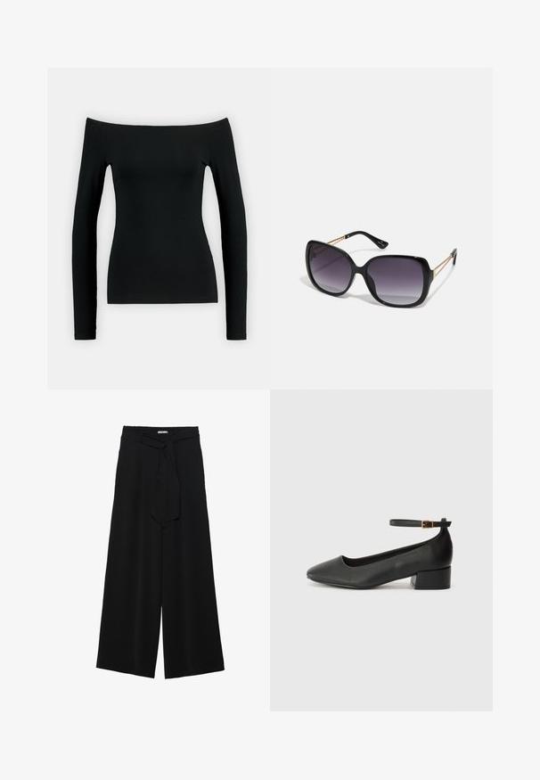 Černý top s dlouhým rukávem a designem bez ramínek. Vyrobený z hladké látky, má přiléhavý střih a bezšvovou konstrukci.; Černé kalhoty s širokými nohavicemi, vyrobené z texturované tkaniny, s elastickým pasem a odnímatelným páskem na úpravu velikosti.; Černé kožené lodičky s špičatou špičkou a nízkým blokovým podpatkem. Obsahují pásek kolem kotníku se zlatou sponou. Hladký povrch.; Černé oversized sluneční brýle se gradientními skly, silnými rámy a zlatými řetízkovými detaily na nožičkách.