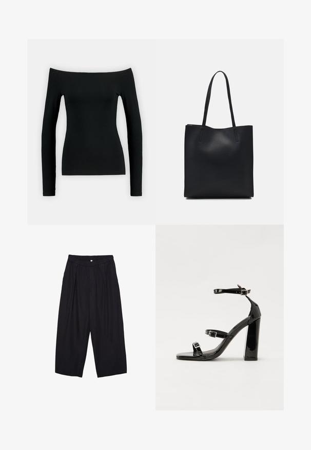 Schwarz, langärmliges Oberteil mit einem Off-Shoulder-Design. Hergestellt aus glattem Stoff, hat es eine figurbetonte Form und nahtlose Verarbeitung.; Schwarze Polyester-Culotte mit einem elastischen Bund, zwei vorderen Falten und einer lockeren Silhouette. Keine sichtbaren Muster oder Hardware-Details.; Schwarze patentierte Sandalen mit Absatz, quadratischer Spitze, Knöchelriemen und silbernen Schnallen. Mit einem stabilen Blockabsatz für mehr Stabilität.; Schwarze Laptoptasche aus Leder mit glatter Textur, rechteckiger Form und zwei langen Griffen. Keine sichtbaren Beschläge oder Verzierungen.
